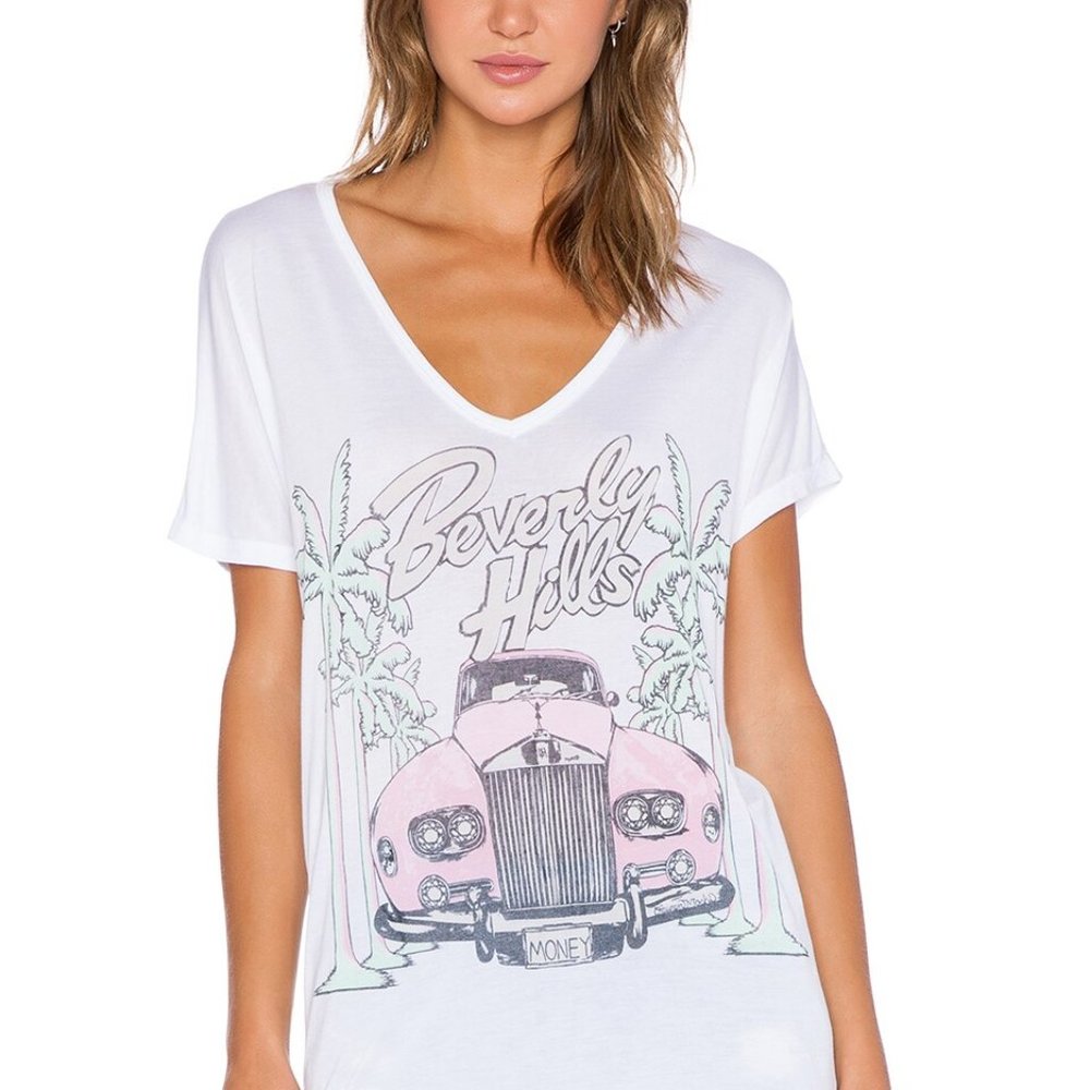 Lauren Moshi Rolls April Oversized V Neck Tee White XS